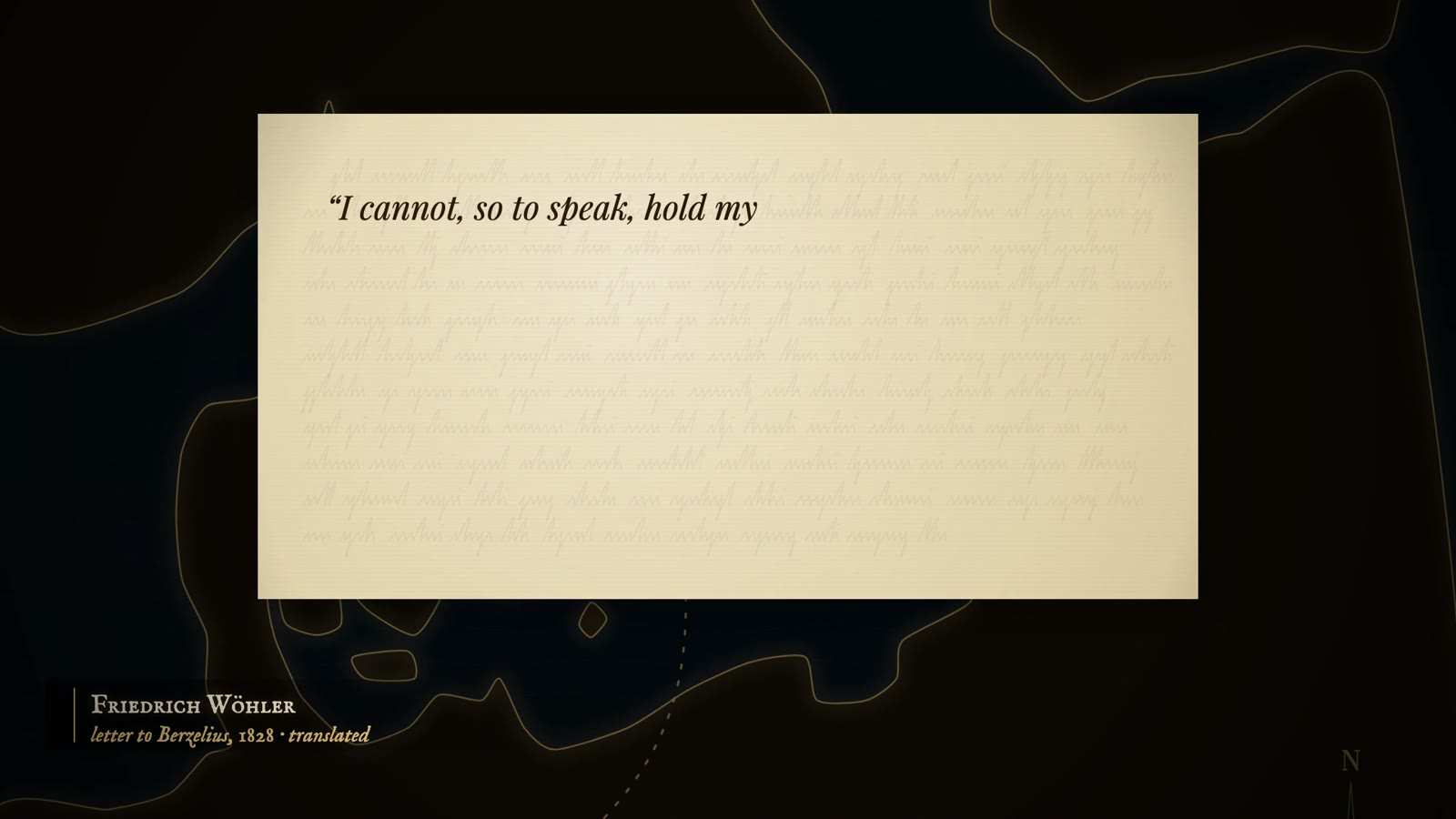 Handwritten letter on parchment over a faint outline map, its translated text just beginning, I cannot, so to speak, hold my, captioned letter, 1828.