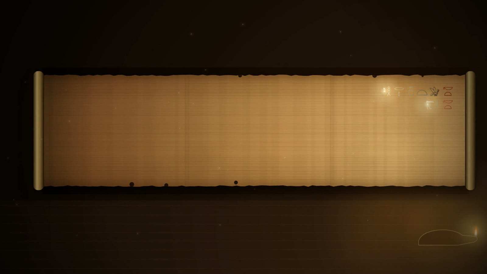 Papyrus scroll on two rollers with a few hieroglyphs at its upper right edge and a small oil lamp glowing at the lower right, on a dark ground.