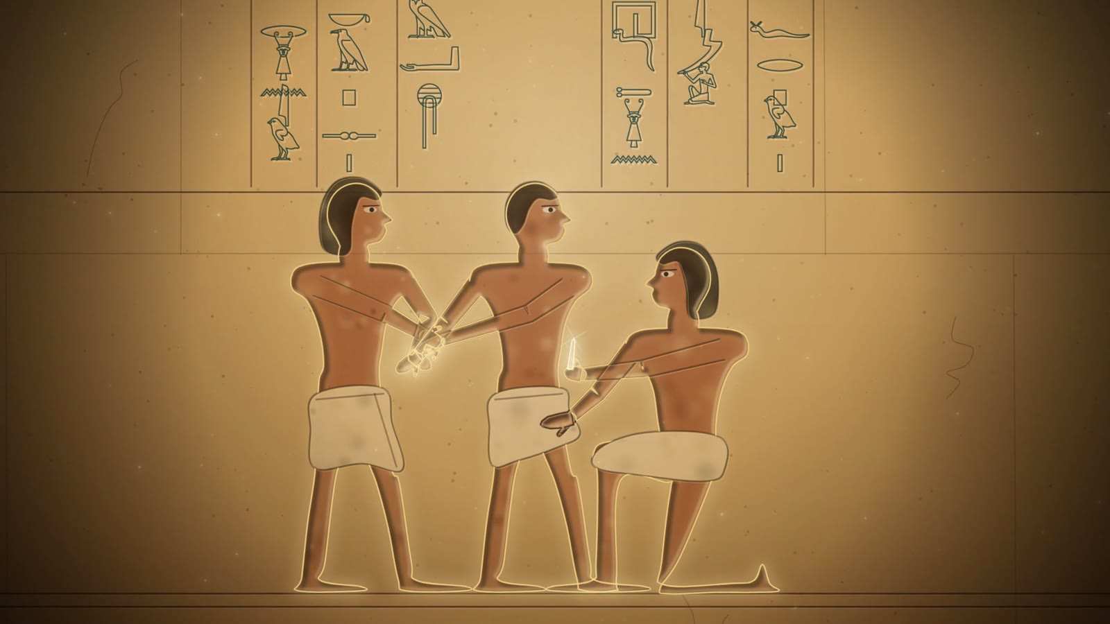 Painted relief: an assistant grips a standing young man's arms from behind while a kneeling operator holds a small blade, below columns of hieroglyphs.