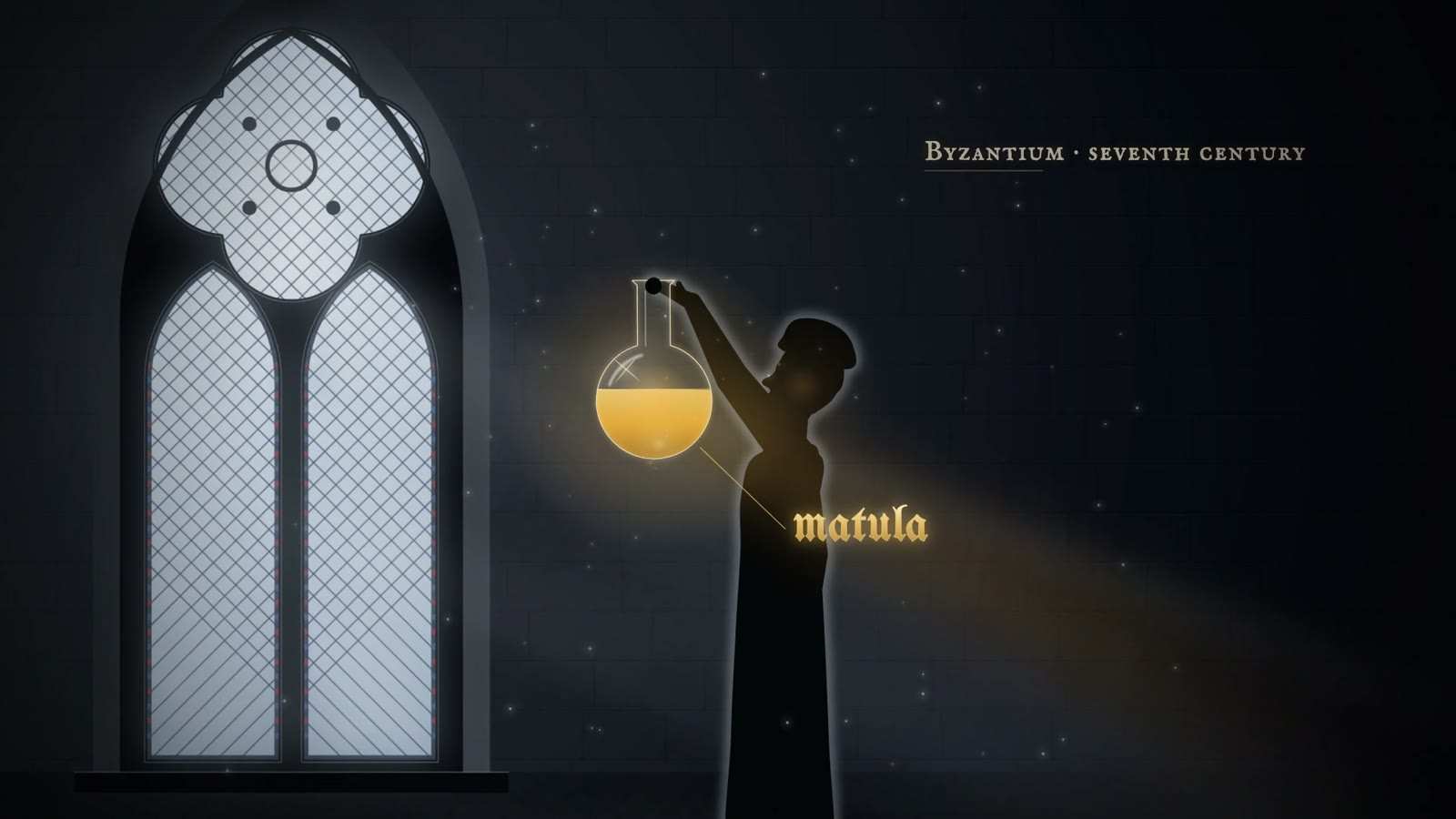 Robed physician in silhouette holds up a round flask of amber urine labelled matula, beside a tall Gothic window, captioned Byzantium, seventh century.