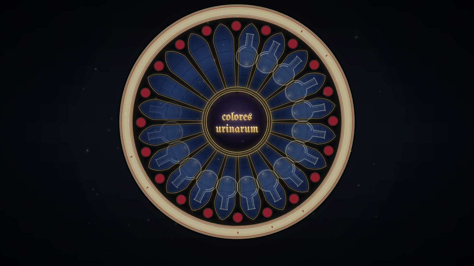Circular urine wheel like a rose window, with colores urinarum at its centre and a ring of outlined flasks around its blue petals.