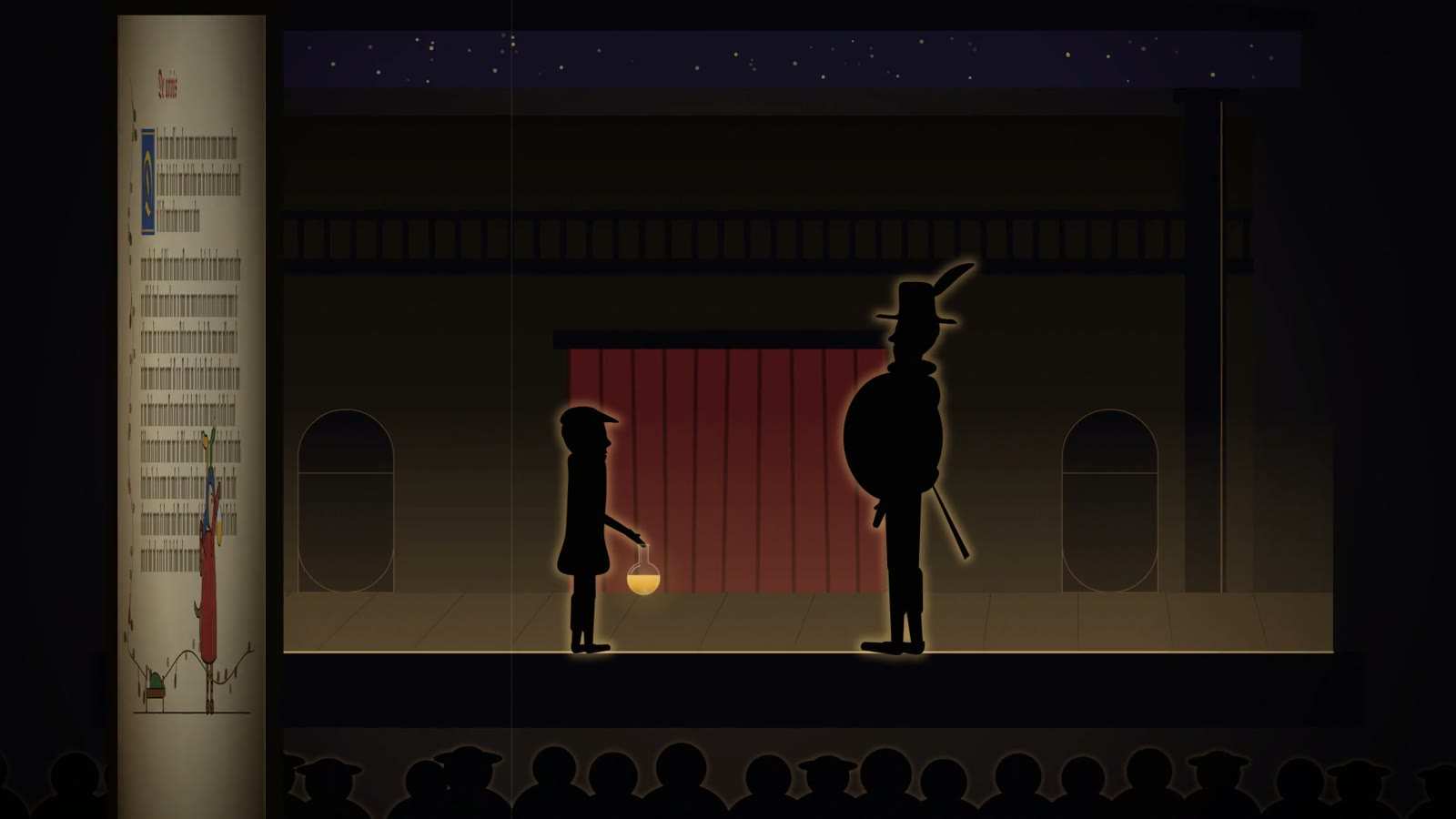 Silhouetted stage scene: a small figure holds out a flask of amber liquid to a tall figure in a feathered hat, before a red curtain and an audience.