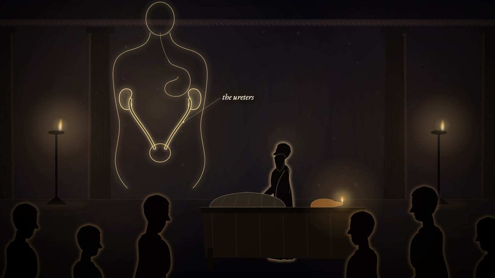Galen at a demonstration table before spectators in togas, beside a gold-line torso showing kidneys, ureters and bladder, with the ureters labelled.