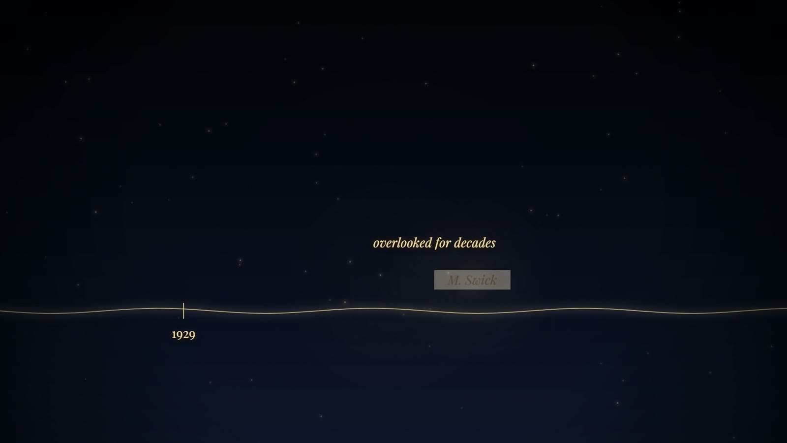 Golden timeline across a starry dark field with a tick marked 1929, captioned overlooked for decades, above a faint grey name label.