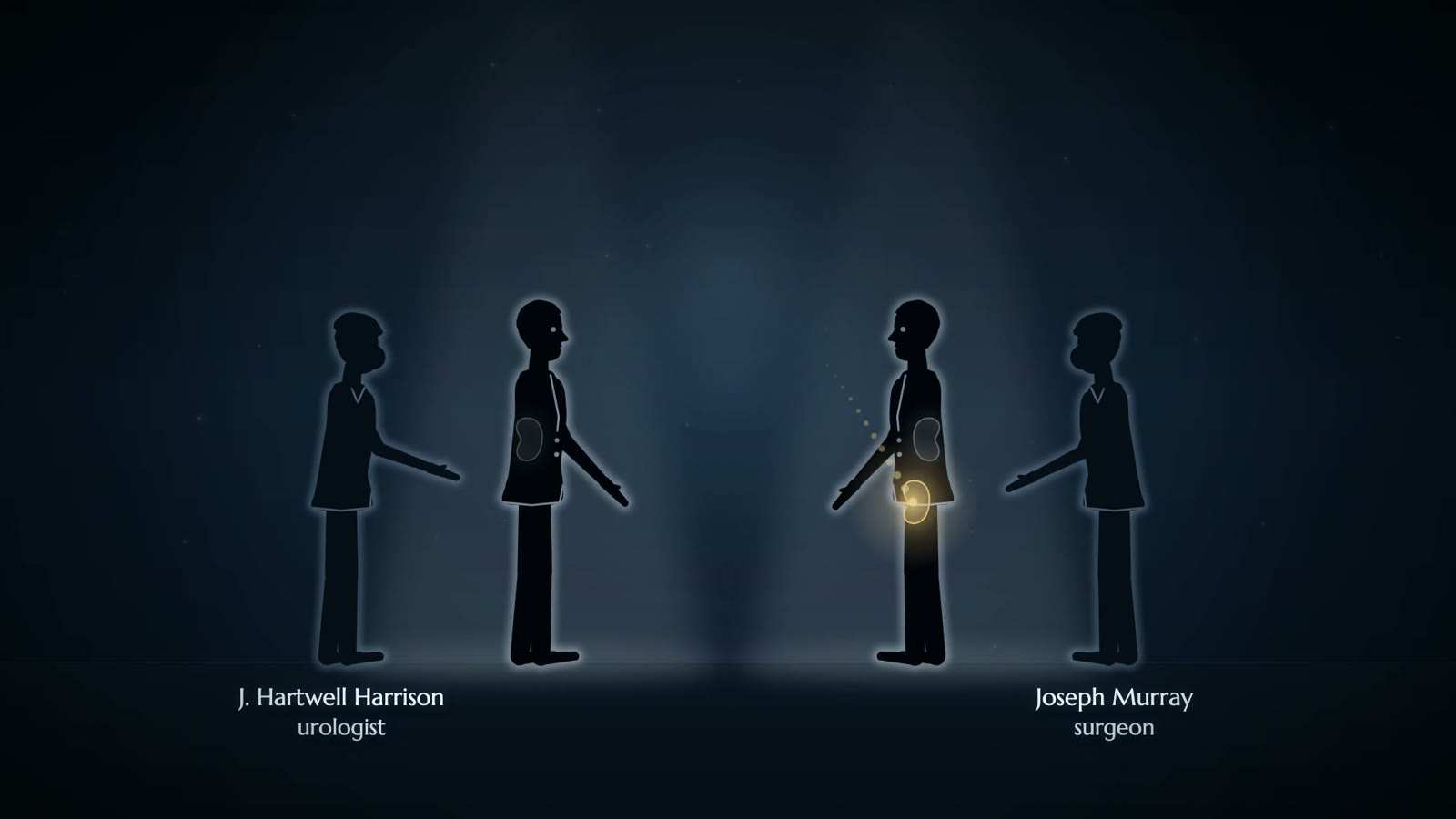 Four silhouetted figures in two facing pairs, labelled urologist and surgeon; a small glowing kidney passes from one central figure to the other's abdomen.