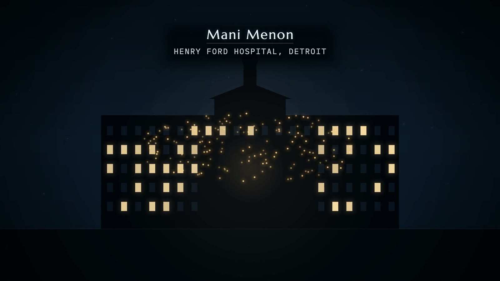 Hospital building in silhouette at night with lit windows and golden sparks gathering over its centre, captioned Henry Ford Hospital, Detroit.
