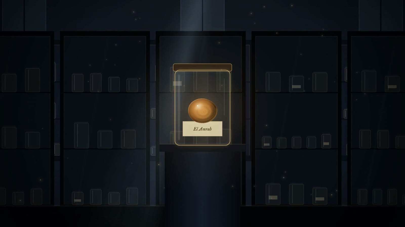 Glass specimen jar on a plinth in a dark museum gallery, holding a round amber stone above a paper label reading El Amrah, with rows of cabinets behind.