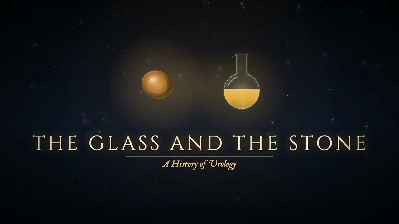 Title screen in gold capitals reading The Glass and the Stone, with A History of Urology beneath, below an amber stone and a flask of yellow liquid.