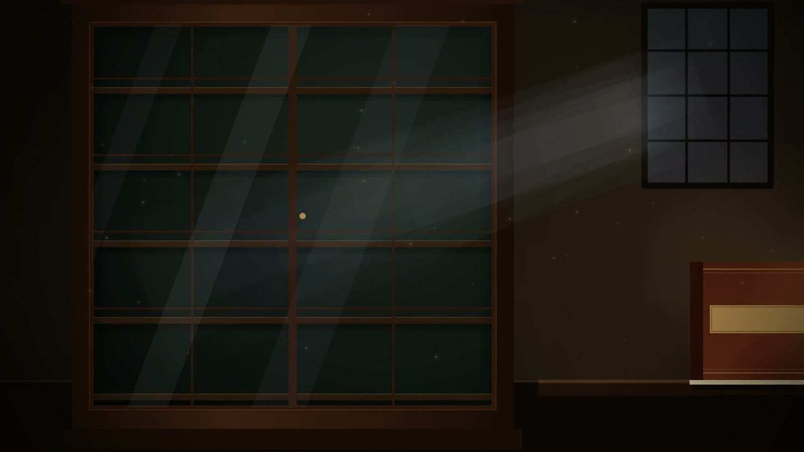 Dim room with a large glass-fronted cabinet of empty grid shelves, a shaft of light from a window at upper right and a red case with a gold label below it.