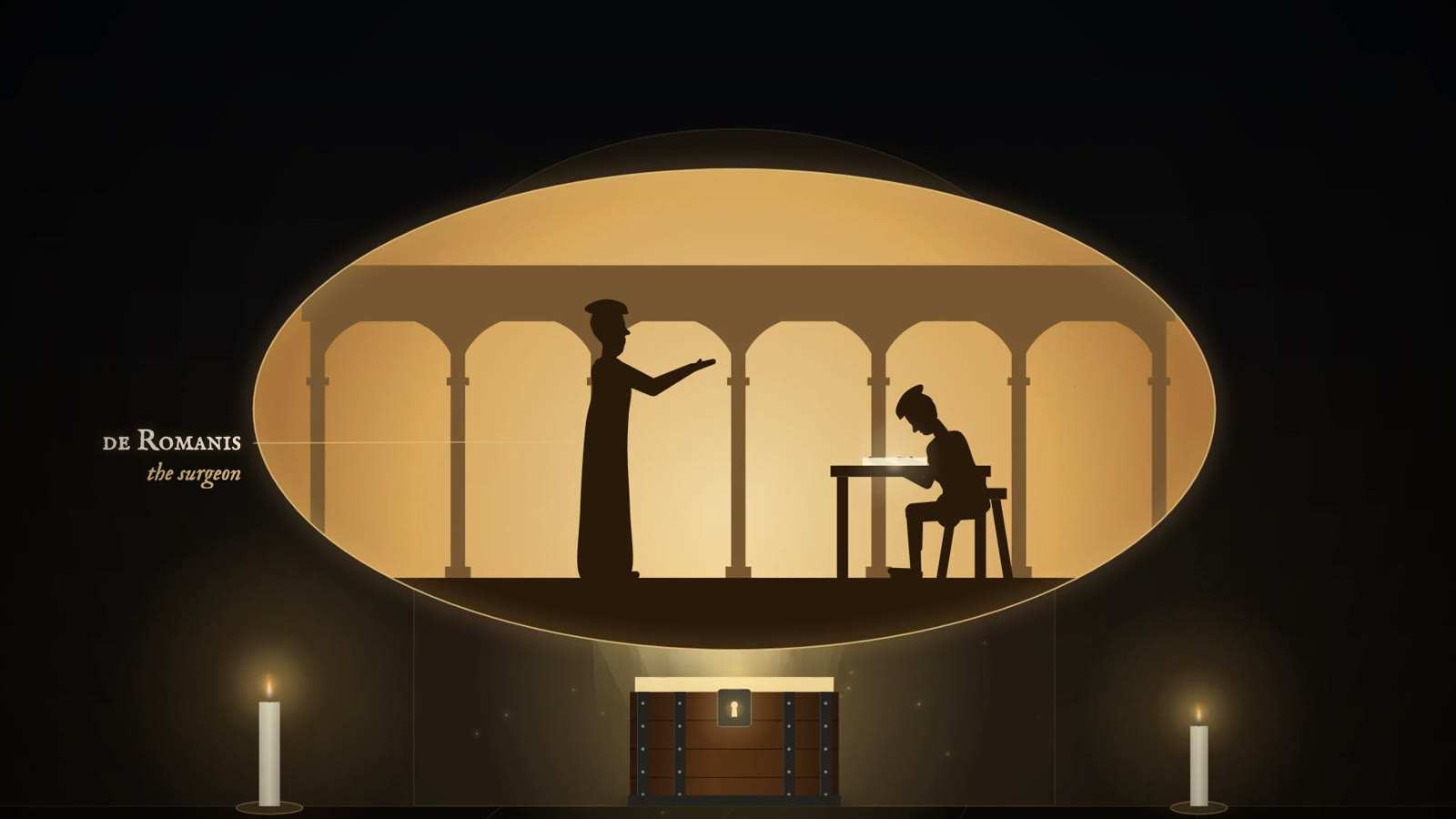 Locked iron-bound chest between two candles, below an oval scene of a robed surgeon reaching toward a seated figure at a desk, labelled the surgeon.