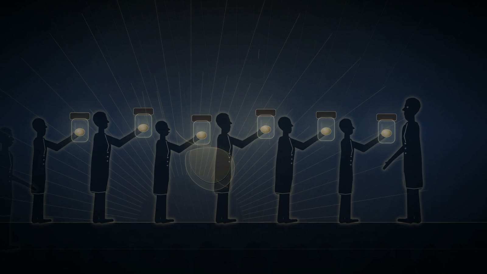 Row of silhouetted men in coats each holding up a glass specimen jar containing a pale oval specimen, with faint rays behind them.